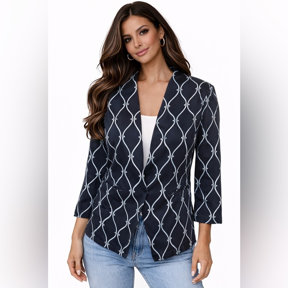 Talbots Women’s 16P Navy Blue Geometric Print Open Front Blazer Jacket